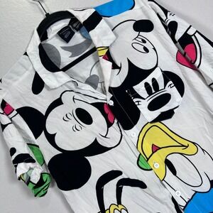 Disney Mickey Mouse Donald Duck Pluto Cartoon Print Button Up Shirt Womens Small